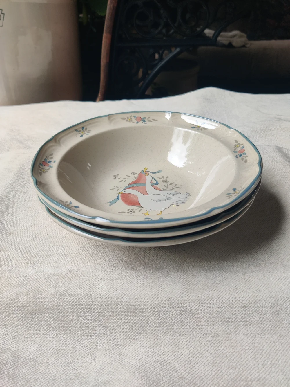 80s International Marmalade Country Goose Large Bowls 3 Pear Blue Ribbon 9.25